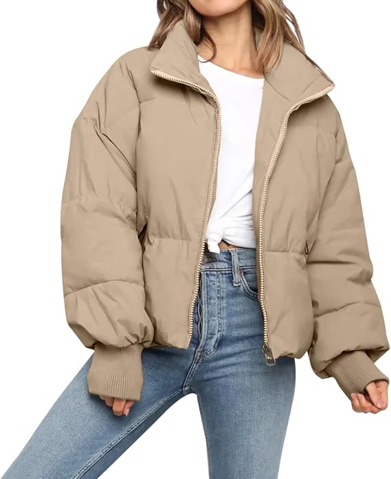 Women's Cropped Puffer Jacket, Stand Collar Zip Up Winter Bubble Coat with Ribbed Cuffs, Casual Warm Short Padded Outerwear for Ladies - 图片 3