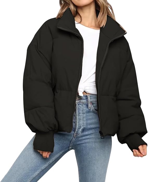 Women's Cropped Puffer Jacket, Stand Collar Zip Up Winter Bubble Coat with Ribbed Cuffs, Casual Warm Short Padded Outerwear for Ladies - 图片 2