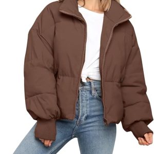 Women's Cropped Puffer Jacket, Stand Collar Zip Up Winter Bubble Coat with Ribbed Cuffs, Casual Warm Short Padded Outerwear for Ladies