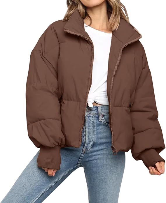Women's Cropped Puffer Jacket, Stand Collar Zip Up Winter Bubble Coat with Ribbed Cuffs, Casual Warm Short Padded Outerwear for Ladies